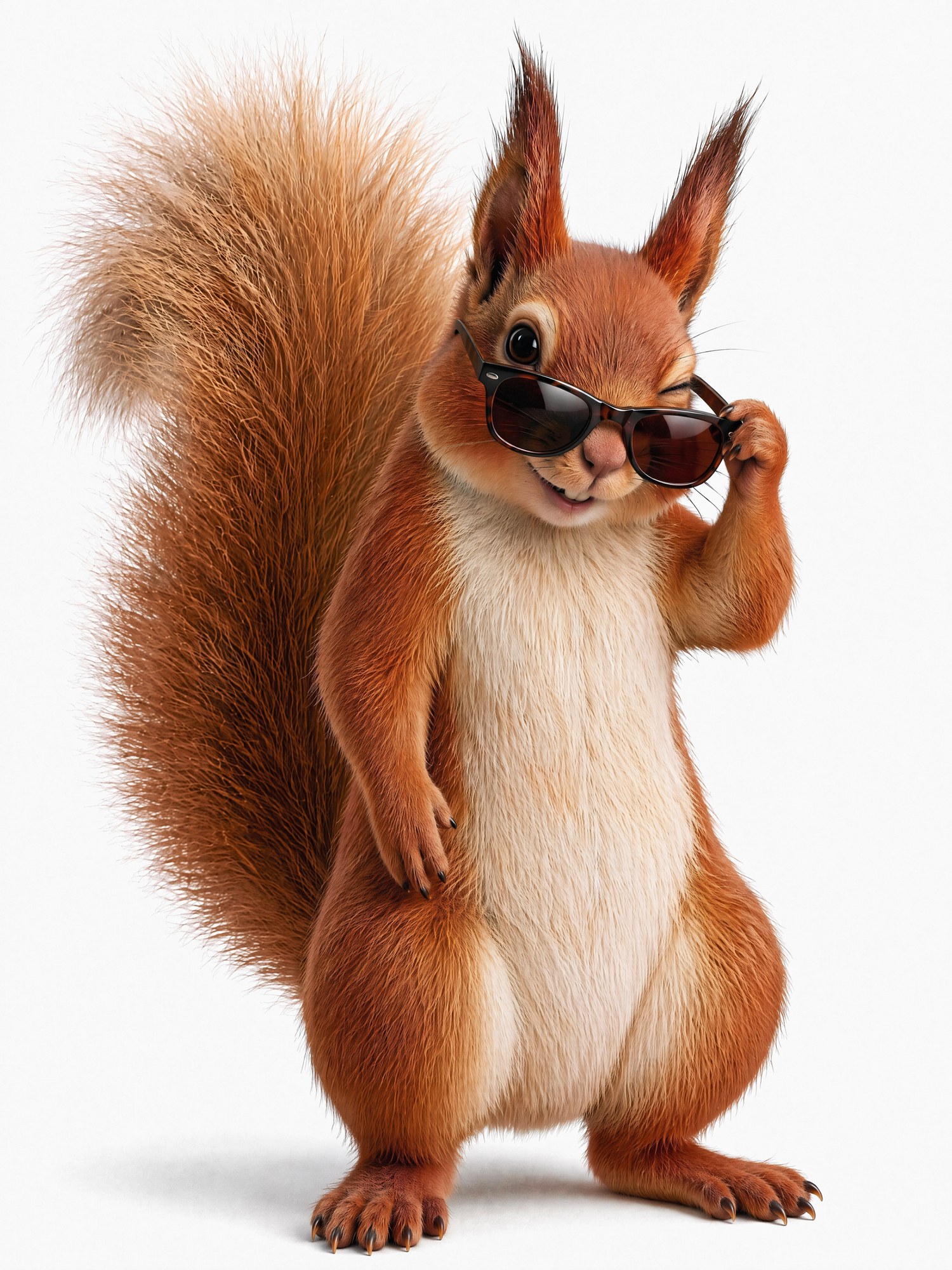 Bernie the Squirrel brand character lowering a pair of sunglasses and winking, on white - AI character image by Matter Studio