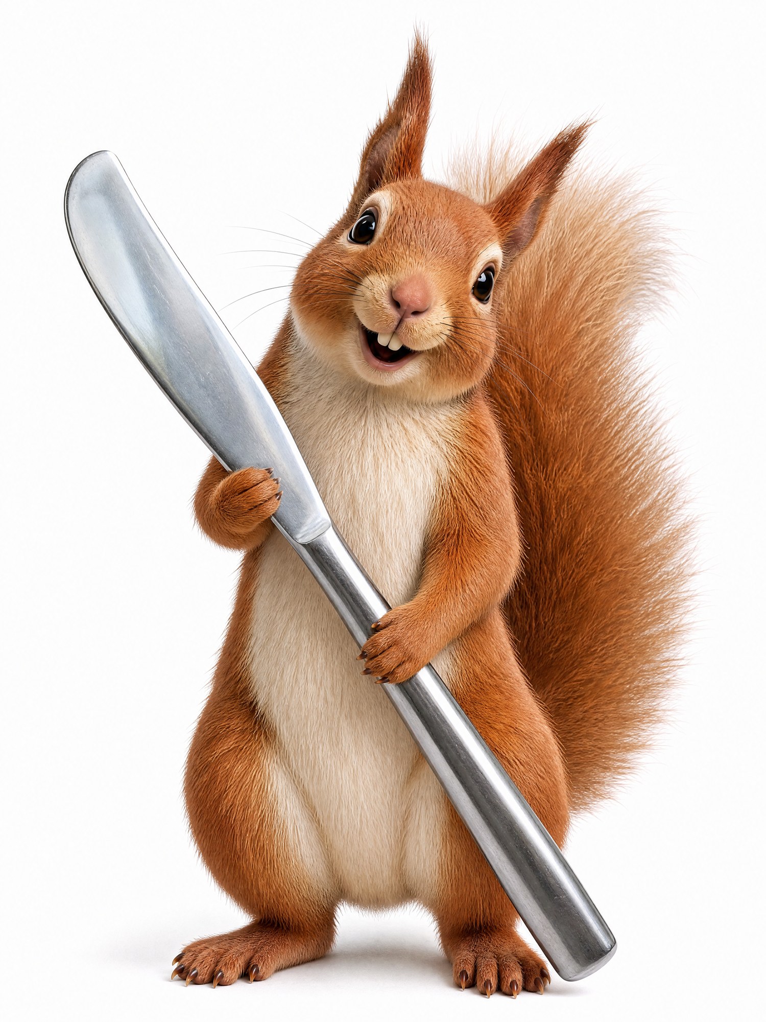Bernie the Squirrel brand character on white holding a butter knife across his chest - AI character image by Matter Studio