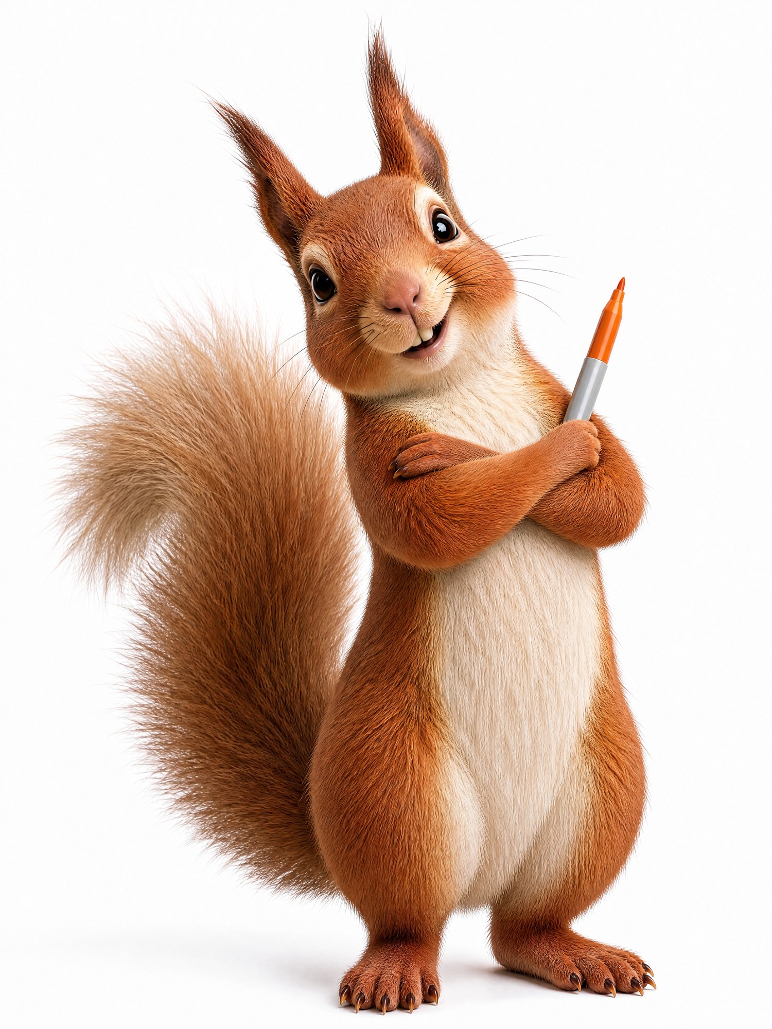 Bernie the Squirrel brand character standing on white with arms folded, holding an orange marker pen - AI character image by Matter Studio