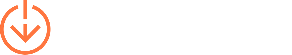 On Point Studio logo, a combination of a power on symbol and an arrow pointing down, in orange.