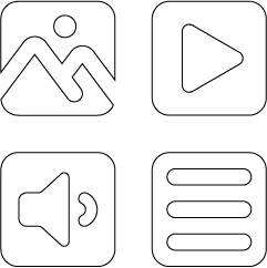 A set of icons in white representing content, including an image logo, play button, sound logo and text.