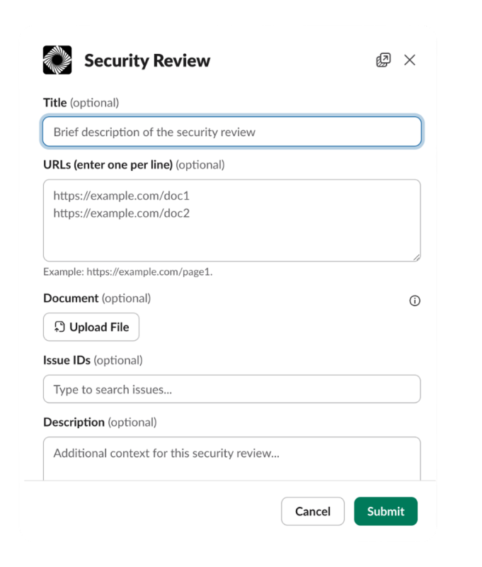 Security Review form with fields for optional title, URLs, document upload, issue IDs, and description, plus Cancel and Submit buttons.