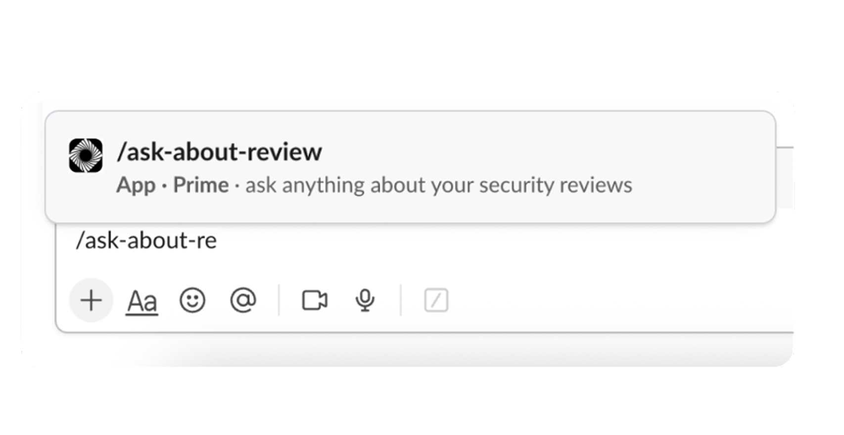Slack message input showing the typed slash command "/secur" with a suggestion for "/security-review" app from Prime to start a new security review.