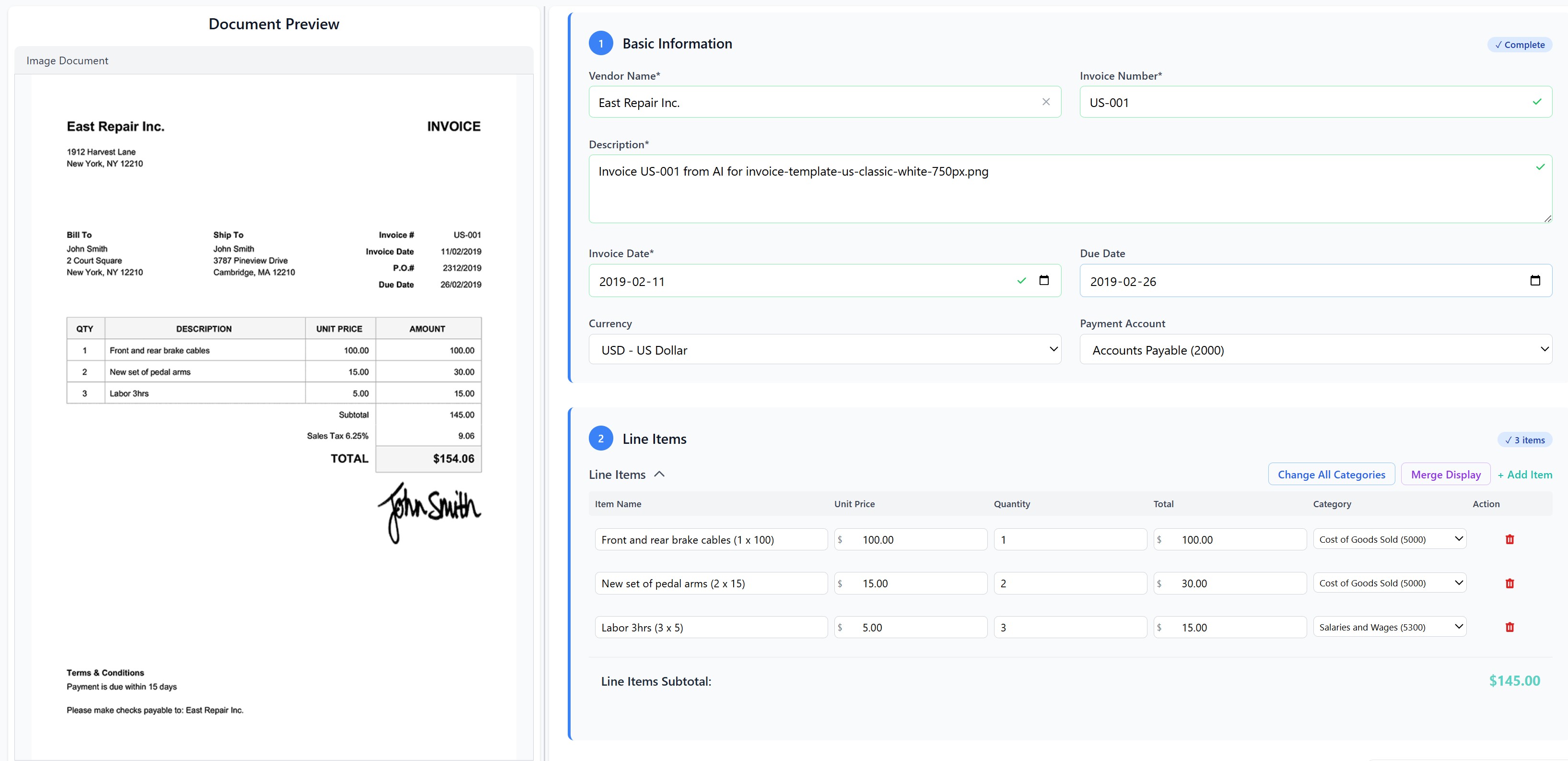 Split screen showing an invoice preview on the left and editable invoice details on the right for East Repair Inc., listing item quantities, descriptions, unit prices, and totals with signatures and payment terms.