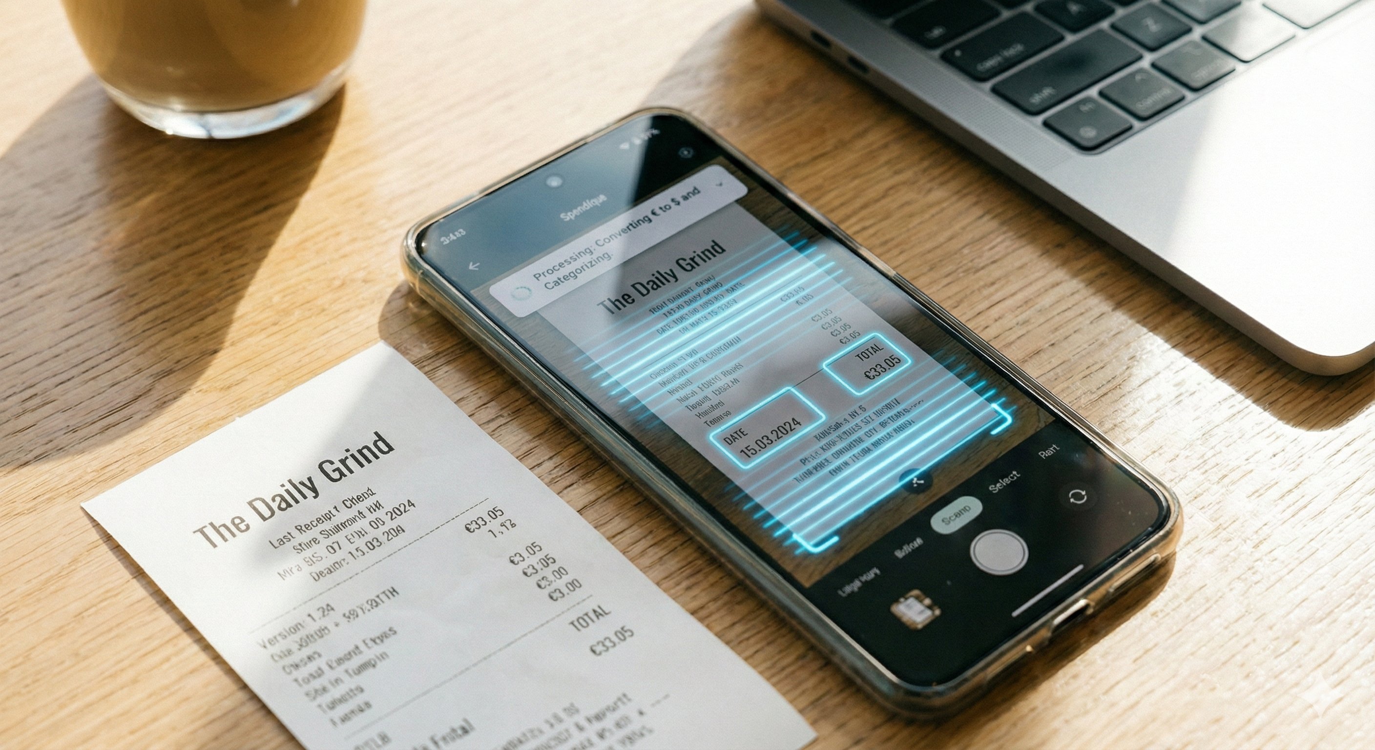 Illustration of an AI chip connected to financial documents, a folder, and a smartphone displaying categorized expenses for groceries, dining, and auto.