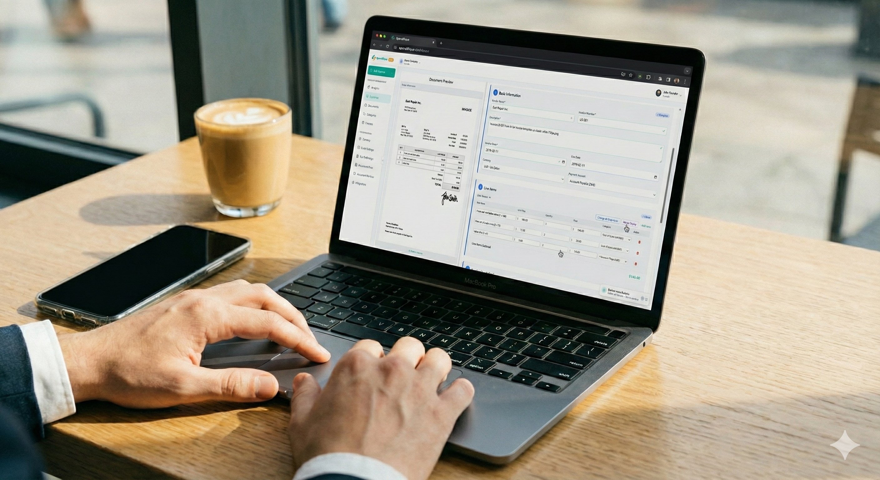 Person holding a tablet displaying financial reports, tax estimates with bar and pie charts, and business analytics pie charts.