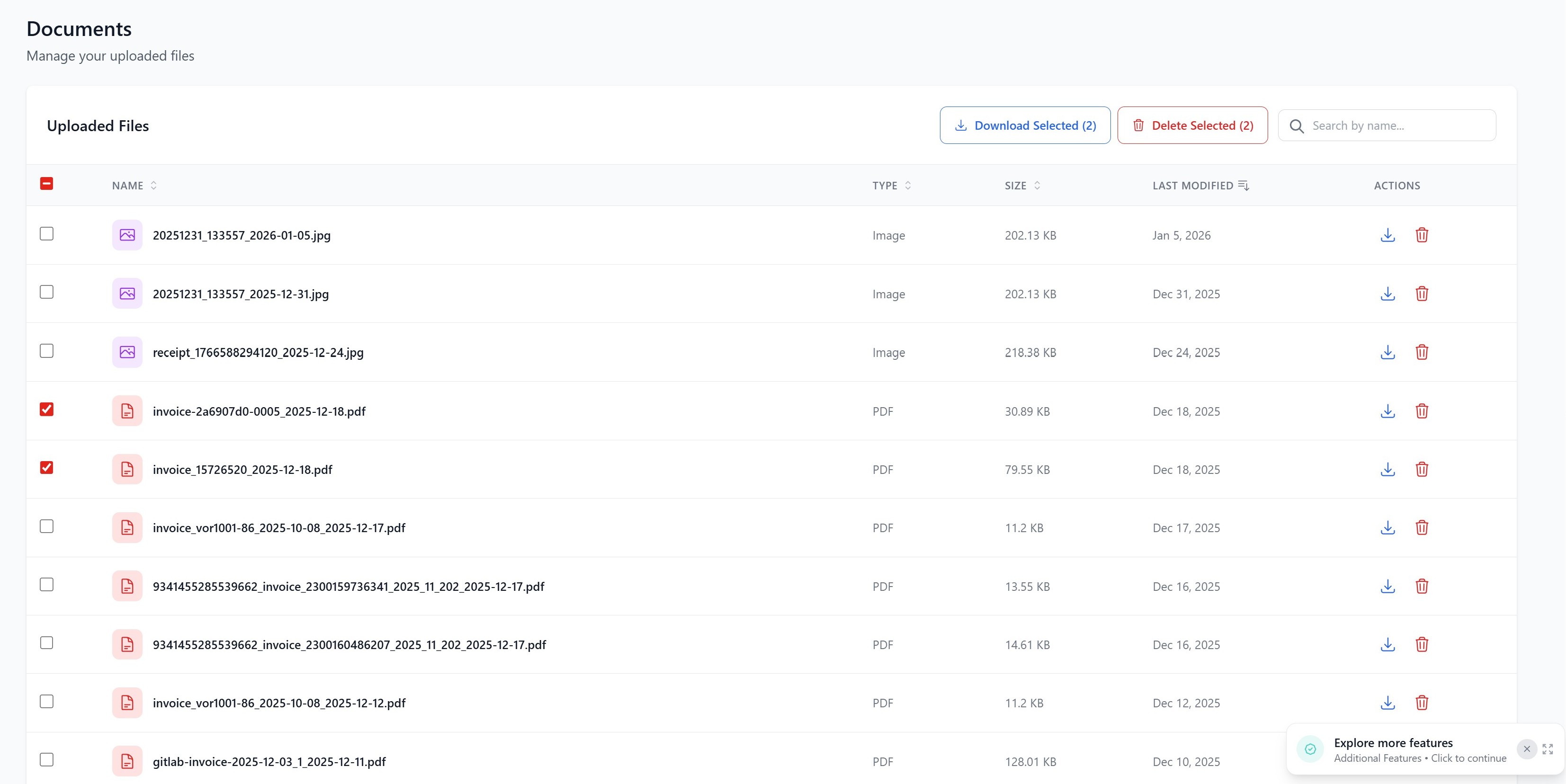 Document management interface showing a list of uploaded files with names, types, sizes, last modified dates, and action icons for download and delete, with two PDFs selected.