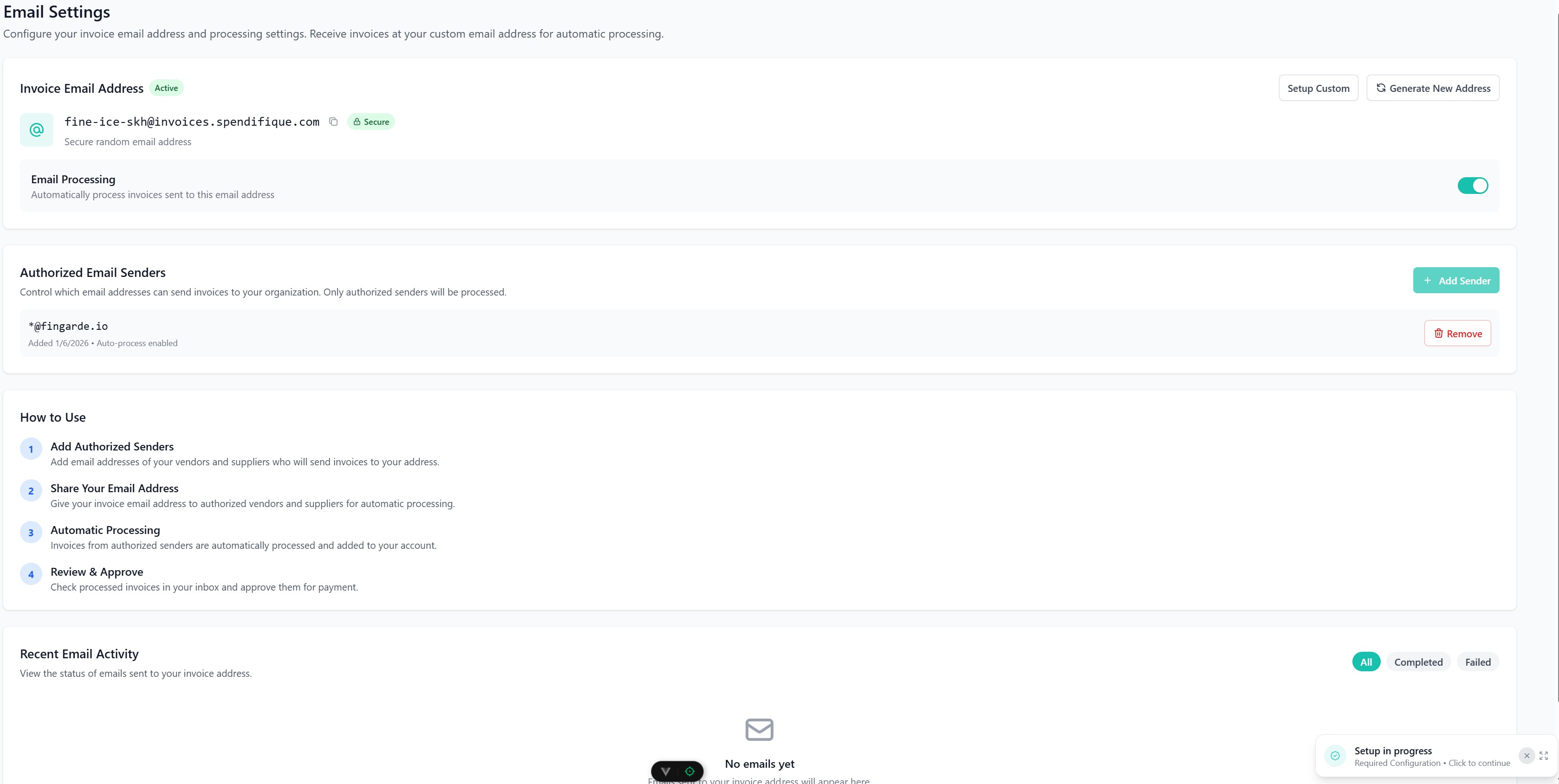 Email Settings page showing invoice email address fine-ice-skh@invoices.spendifique.com, authorized sender *@fingarde.io, instructions for use, and message stating no emails yet with setup in progress notification.