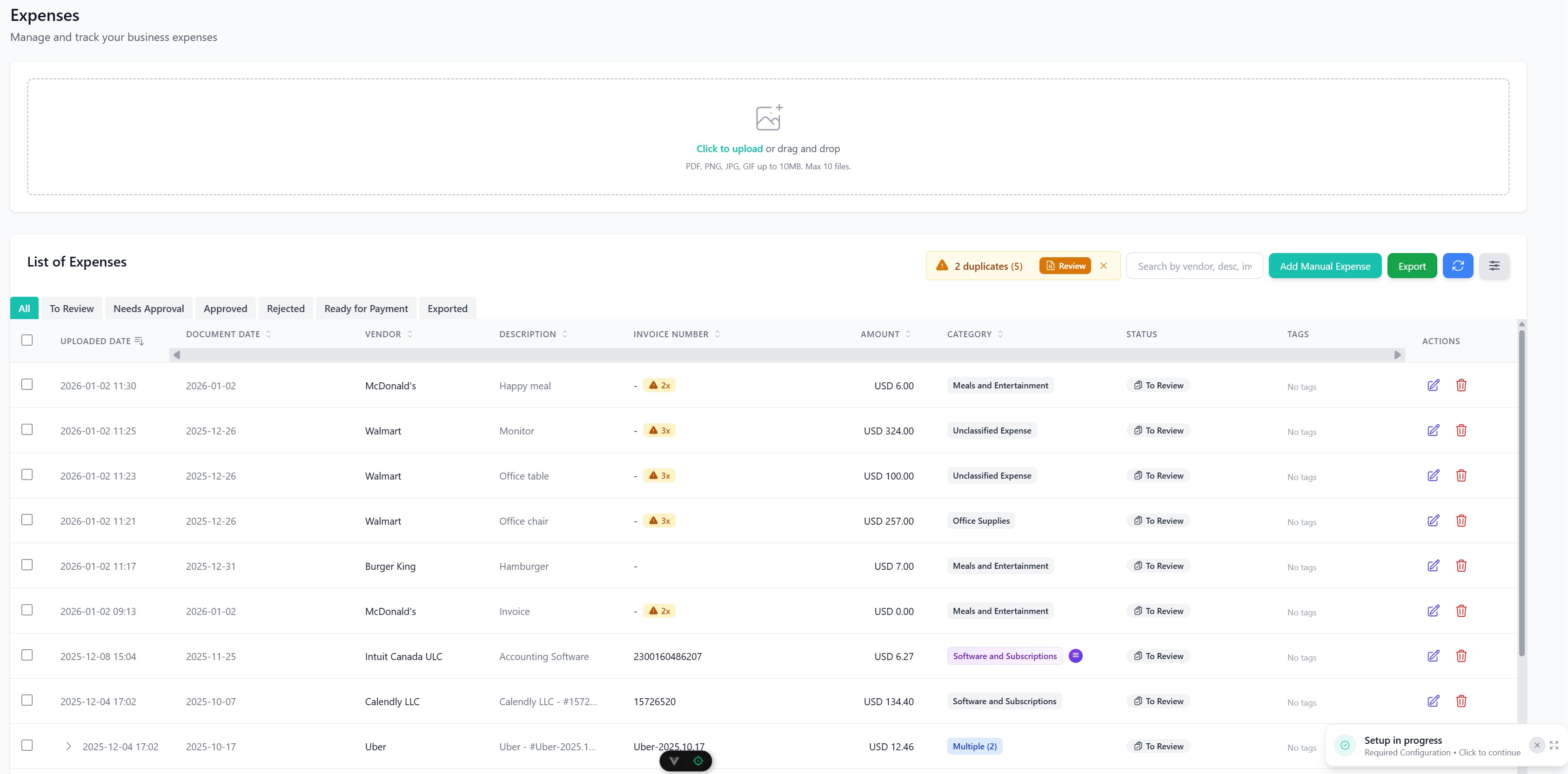 Screenshot of a business expense management interface listing vendors, descriptions, dates, amounts, categories, statuses, and action icons.