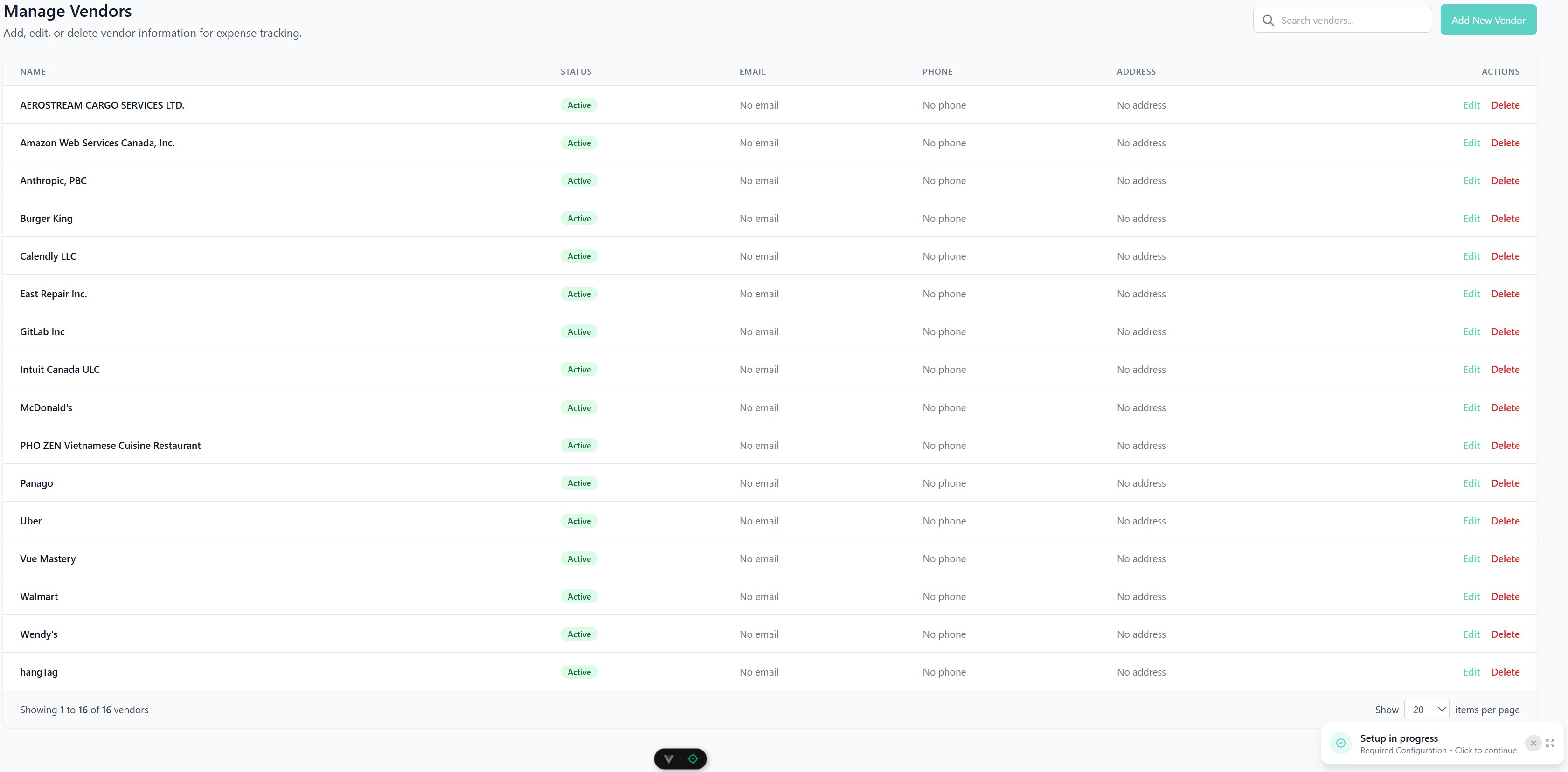 Vendor management interface listing 16 vendors with columns for status, email, phone, address, and actions to edit or delete each vendor.