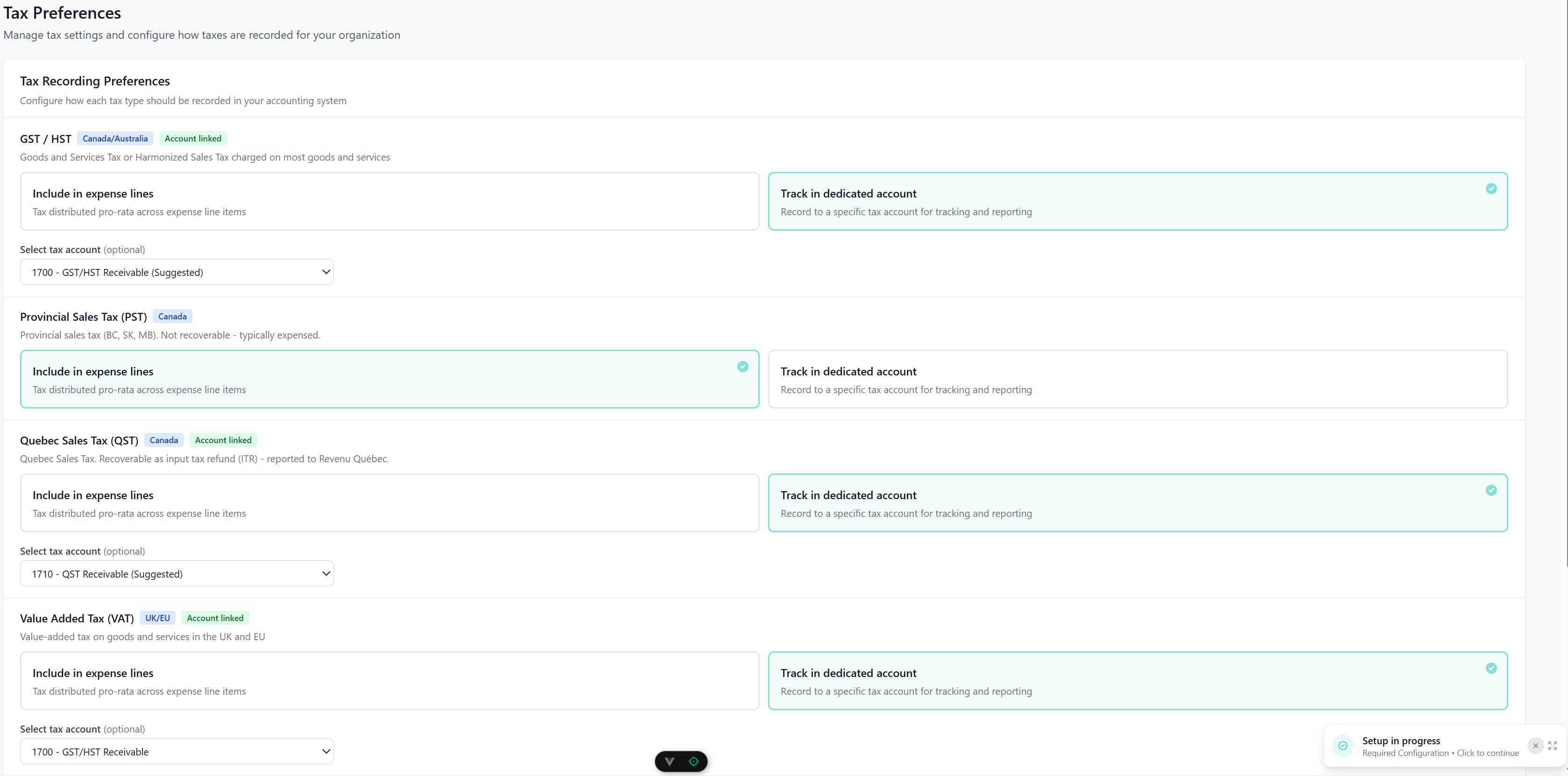 Tax Preferences settings page showing options for GST/HST, Provincial Sales Tax (PST), Quebec Sales Tax (QST), and Value Added Tax (VAT) with choices to include tax in expense lines or track in dedicated accounts and dropdowns to select tax accounts.