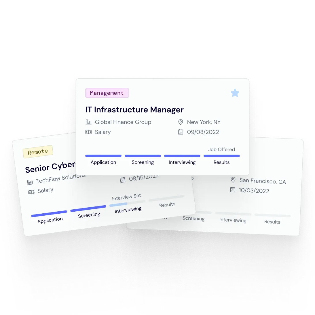 Playful view of a stack of "cards" with job information and application status