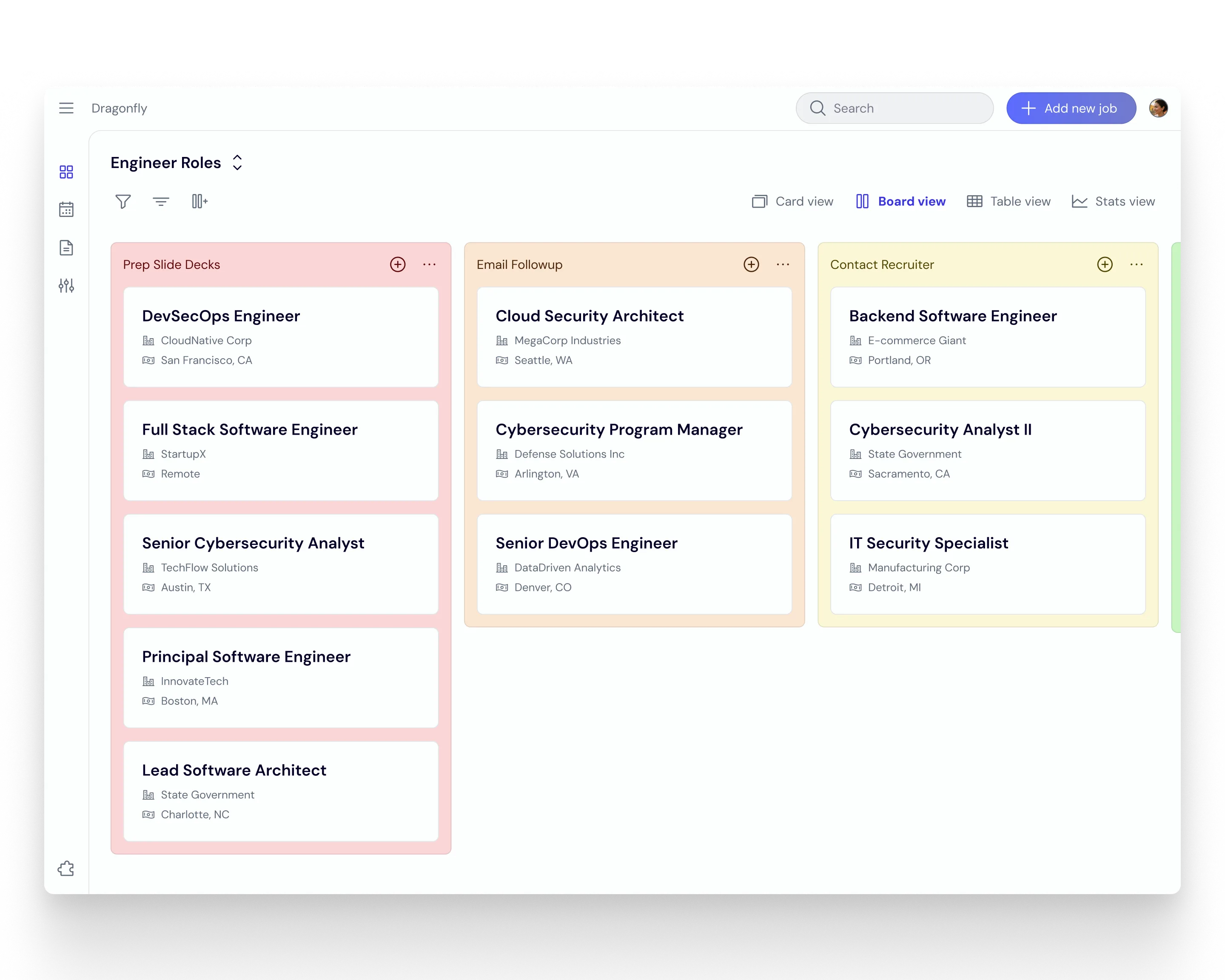 A Kanban style board with user's jobs in different categorized boards