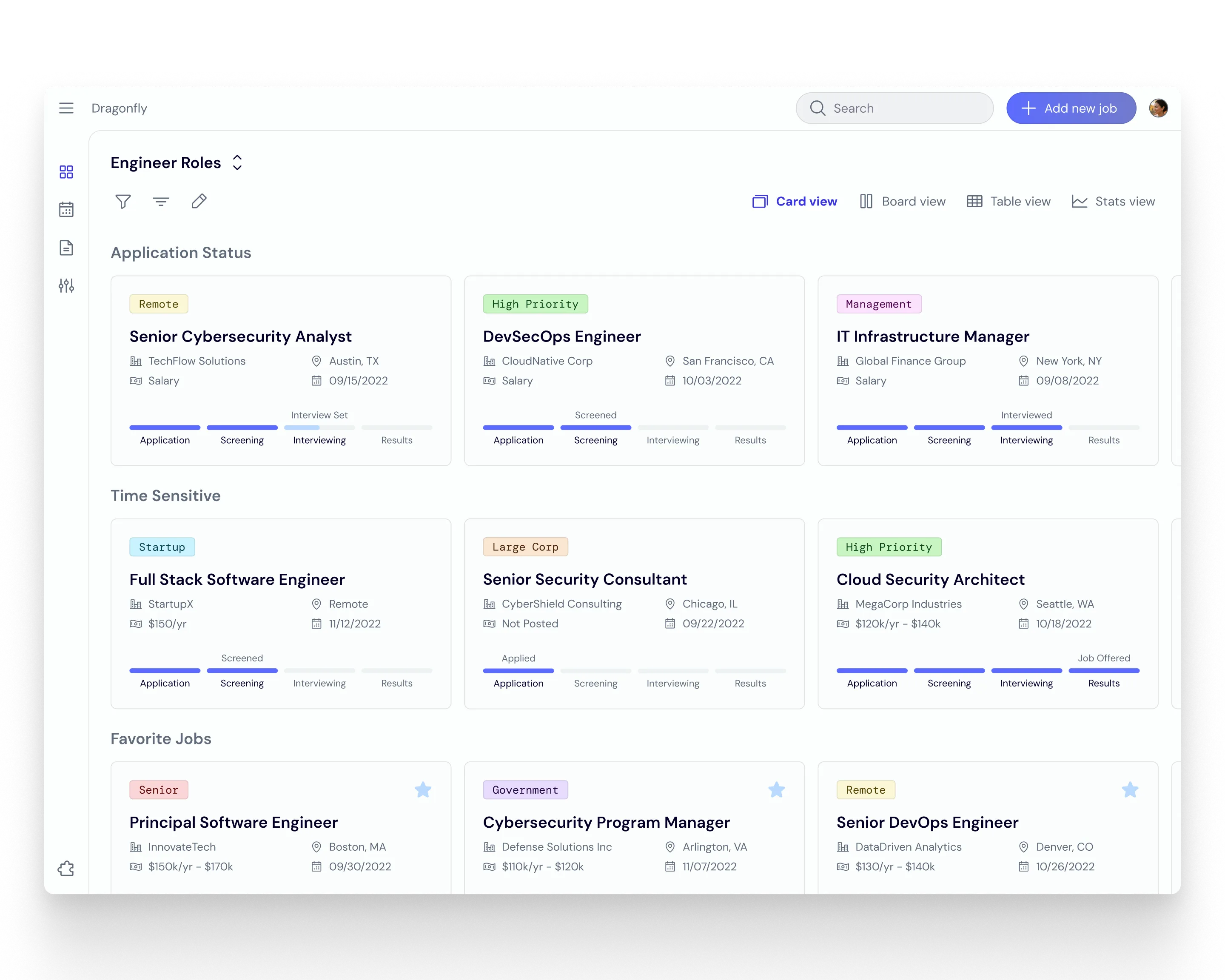 A dashboard view of all the jobs users have applied to depicted in a card format