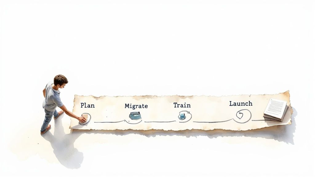 A person at a desk planning out a project on a whiteboard, symbolizing the strategic rollout of a knowledge base.