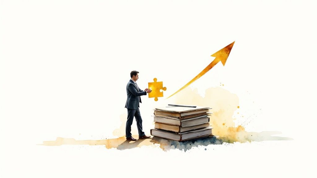 A team collaborating around a computer, illustrating the organization that knowledge base software brings.