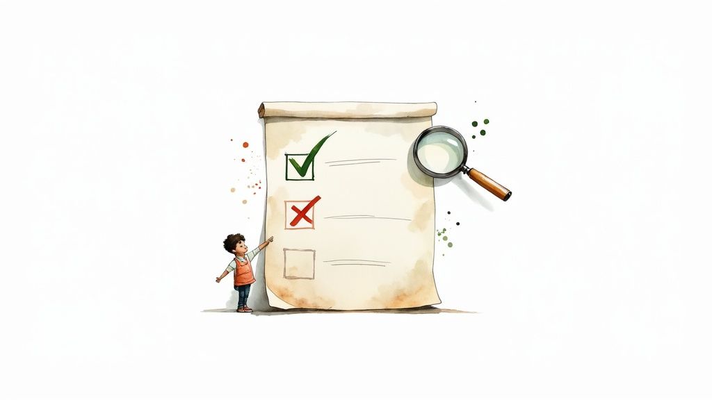 Child standing next to large checklist with checkmarks and magnifying glass illustrating FAQ organization