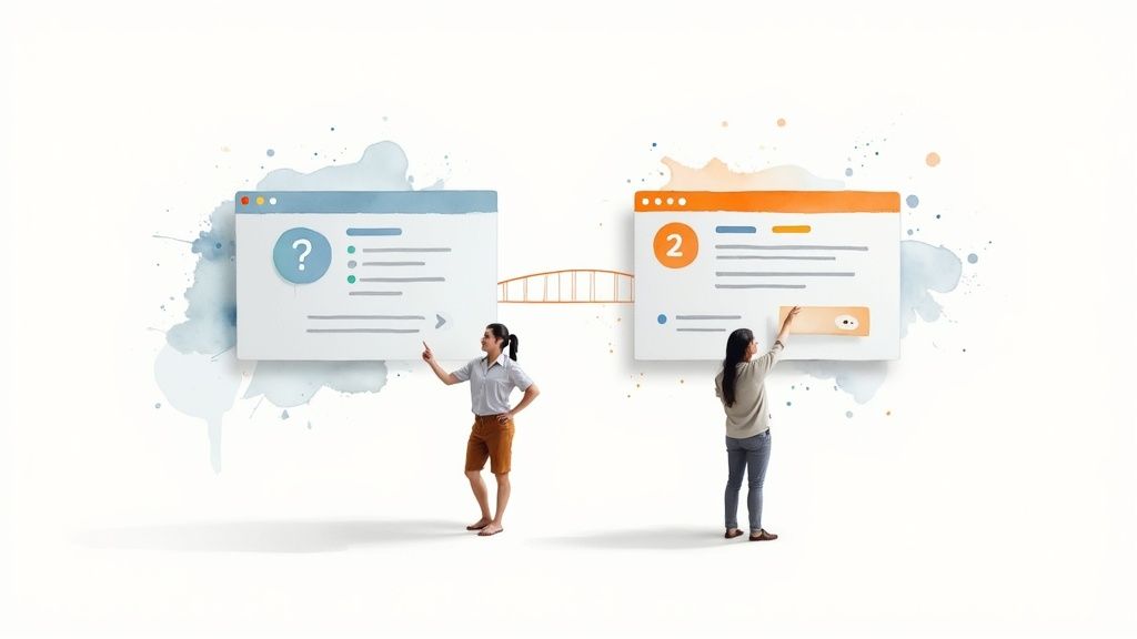 Two women presenting FAQ schema and structured data information on browser windows with question mark and numbered steps