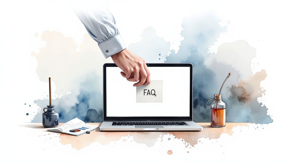 A hand places an 'FAQ' note on a laptop screen, surrounded by desk items and abstract watercolor art.