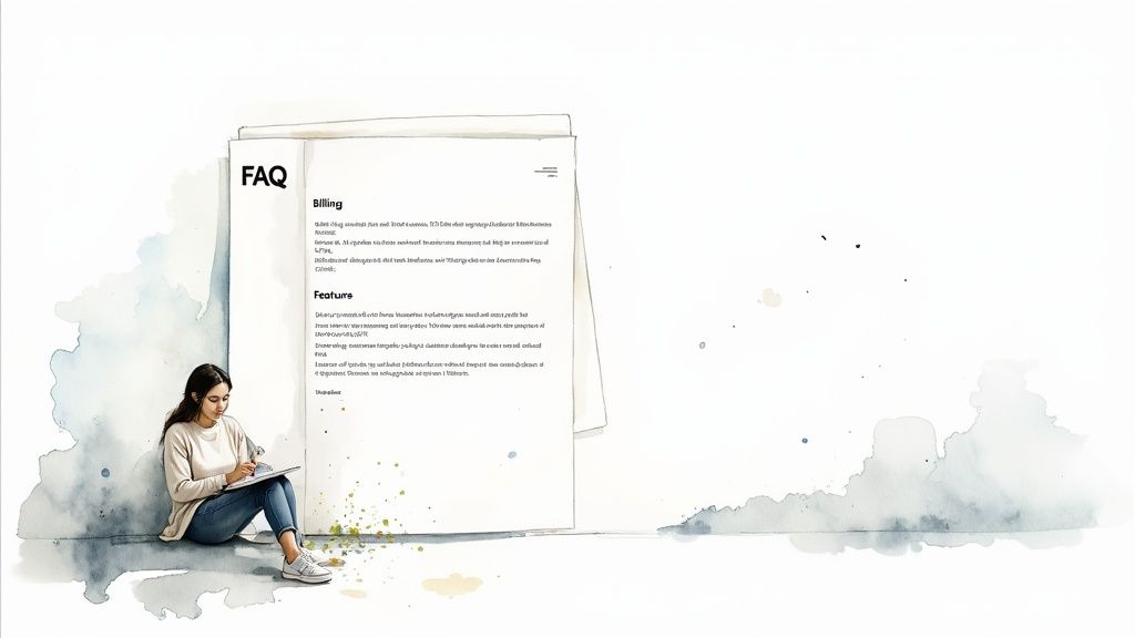 A young woman sits on the floor writing, next to a large watercolor FAQ document.