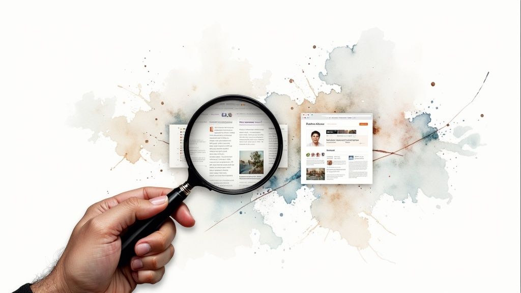 A hand holds a magnifying glass over web content, symbolizing online search and analysis.