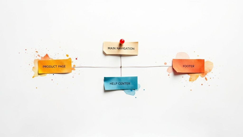 A handmade website structure diagram showing main navigation, product page, help center, and footer.