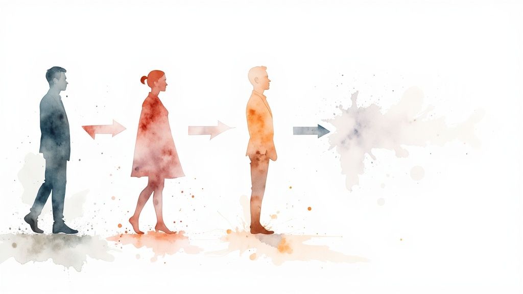 Watercolor illustration showing customer journey progression from person to dispersed form representing transformation process
