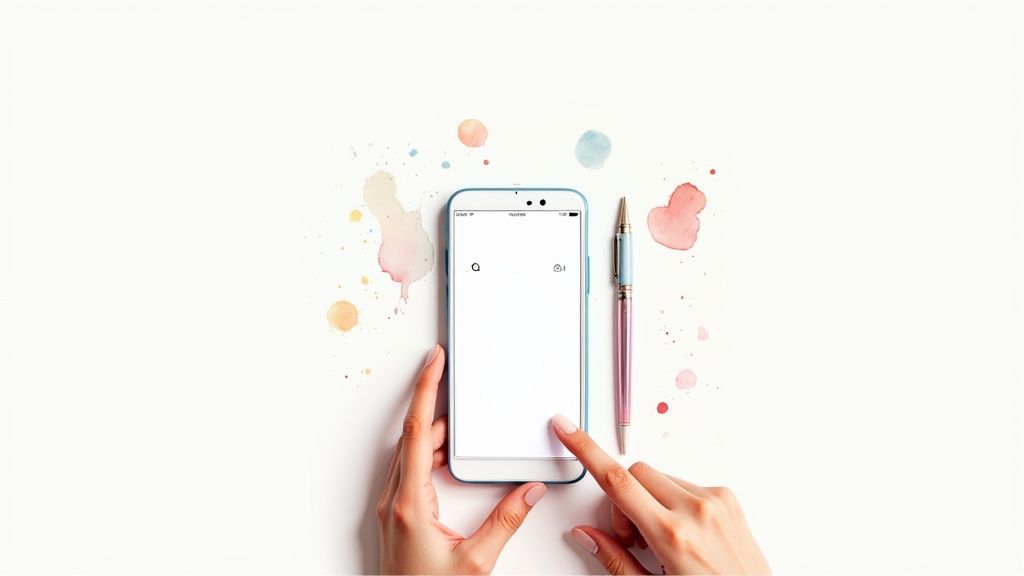 Hand holding smartphone with blank screen next to stylus pen and watercolor paint splashes