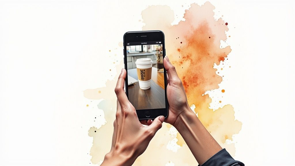 Hands holding smartphone taking photo of coffee cup on wooden table with watercolor background