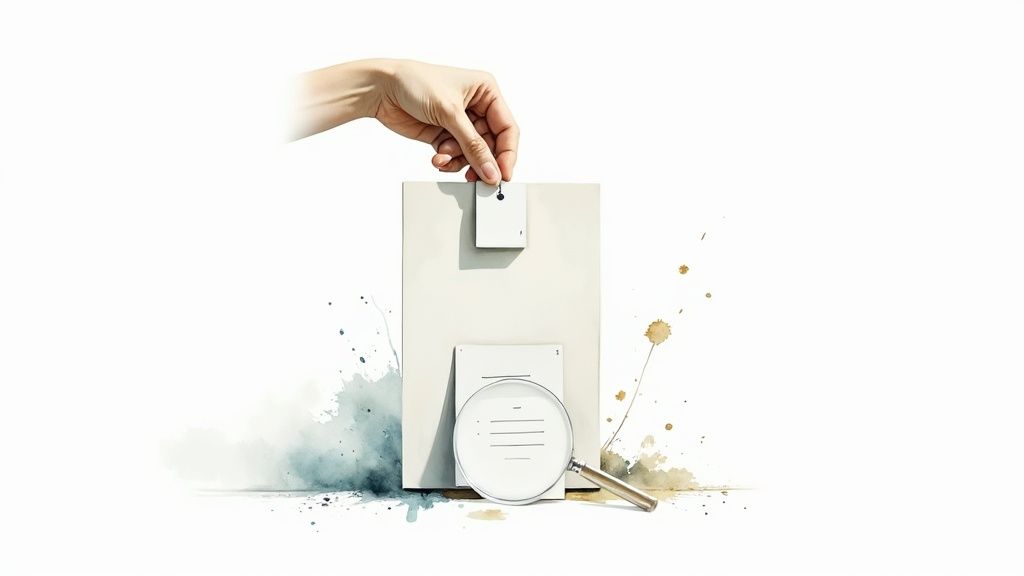 Hand holding tag above white shopping bag with magnifying glass and watercolor splashes representing FAQ schema search