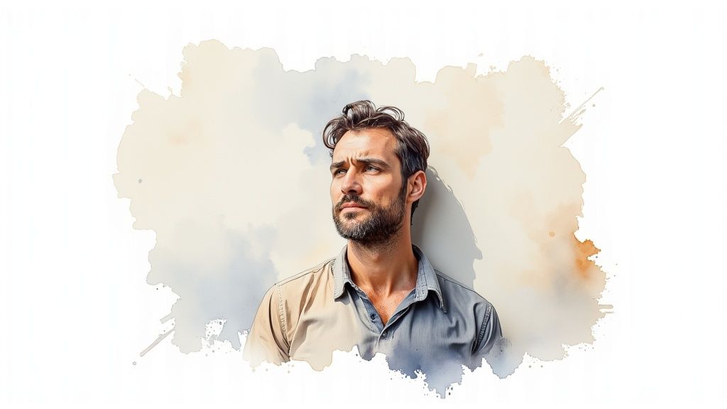 A man with a beard and dark hair, rendered in a watercolor style, looks thoughtfully upwards against a soft, painterly background.