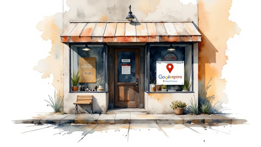 A watercolor painting of a quaint storefront with an awning, display windows, a wooden door, and a sidewalk bench.