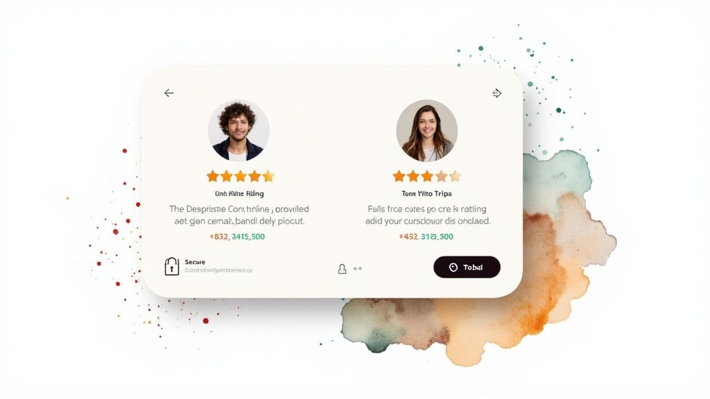 Two user profiles with star ratings and testimonials displayed on a clean card with watercolor background.