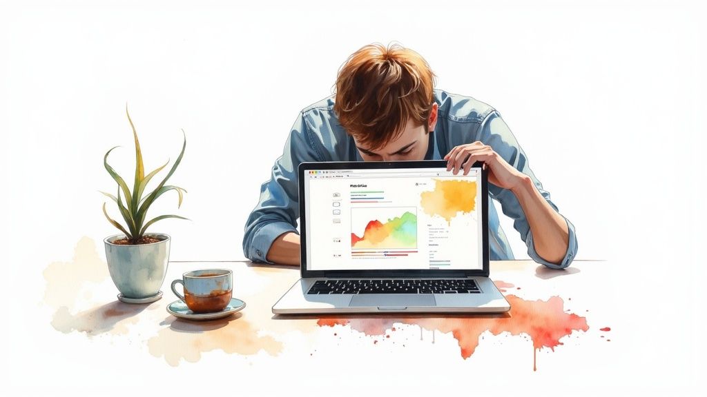 A person leans over a laptop displaying colorful data charts in a watercolor art style.