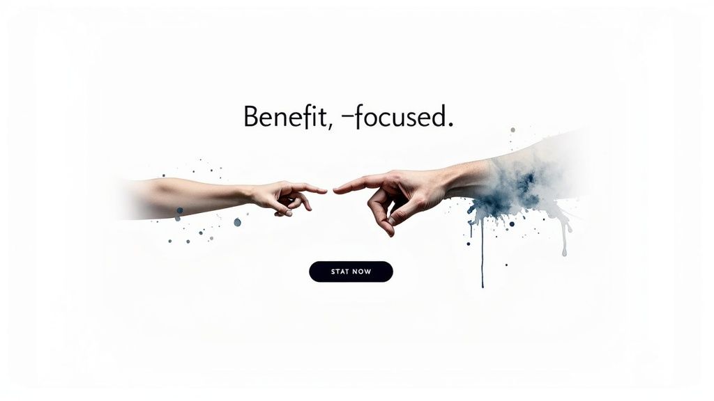 Two hands reaching out, almost touching, with the text "Benefit, -focused." and a "STAT NOW" button.