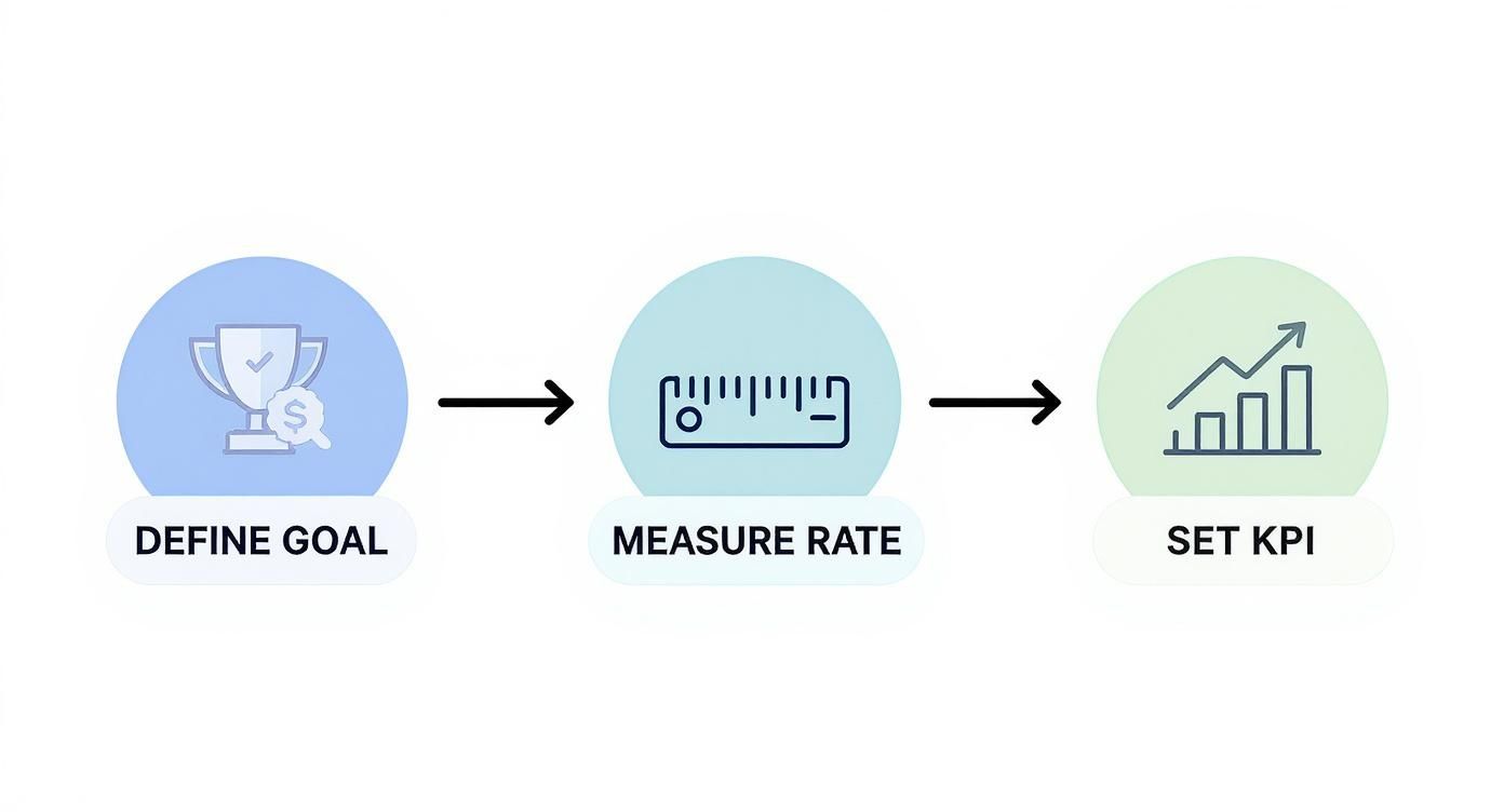 A three-step process flowchart: Define Goal, Measure Rate, and Set KPI, illustrated with icons.