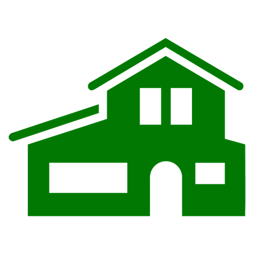 Green house icon with two windows and a door under a pitched roof.