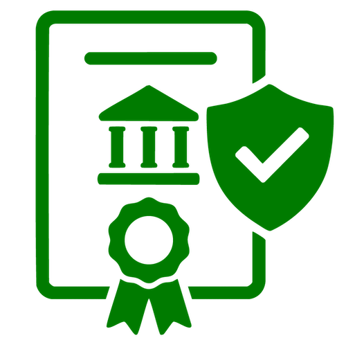 Icon of a certificate with a government building symbol, a ribbon, and a shield with a checkmark representing bond insurance or financial security.