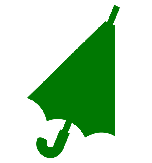 Green closed umbrella with a curved handle.