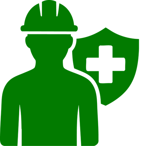 Green icon of a worker wearing a hard hat with a shield featuring a medical cross behind them.
