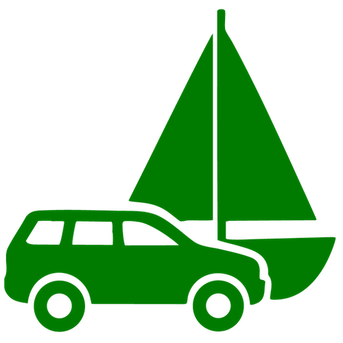 Green icon showing a side view of an SUV car parked next to a sailboat with a mast and sail.