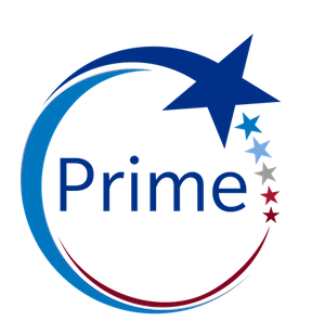 Logo with the word Prime surrounded by a circular swoosh and five stars in red, white, and blue.