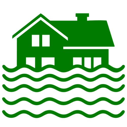 Green house partially submerged in rising floodwater waves.