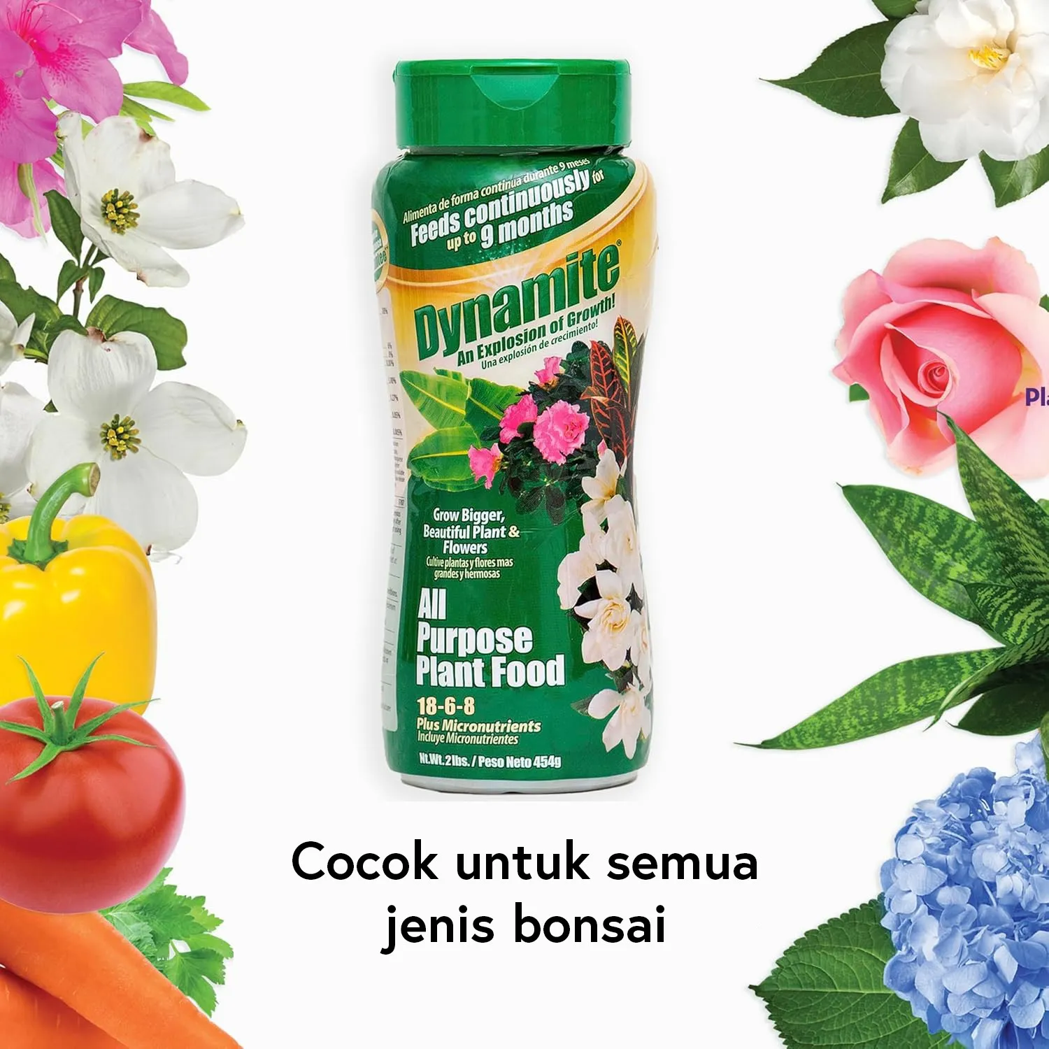 Botol pupuk tanaman serbaguna Dynamite dengan bunga dan sayuran berwarna-warni di latar belakang, cocok untuk semua jenis bonsai.