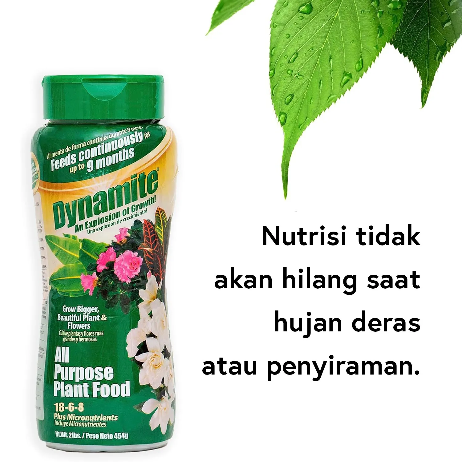 Botol pupuk tanaman Dynamite dengan gambar bunga dan daun hijau, serta teks yang menyatakan nutrisi tidak hilang saat hujan deras atau penyiraman.