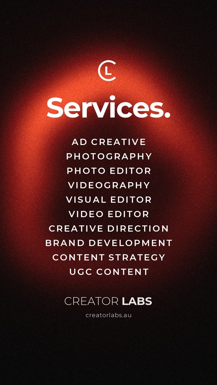 Creator Labs services: ad creative, photography, videography, editing, creative direction, brand development, content strategy and UGC content