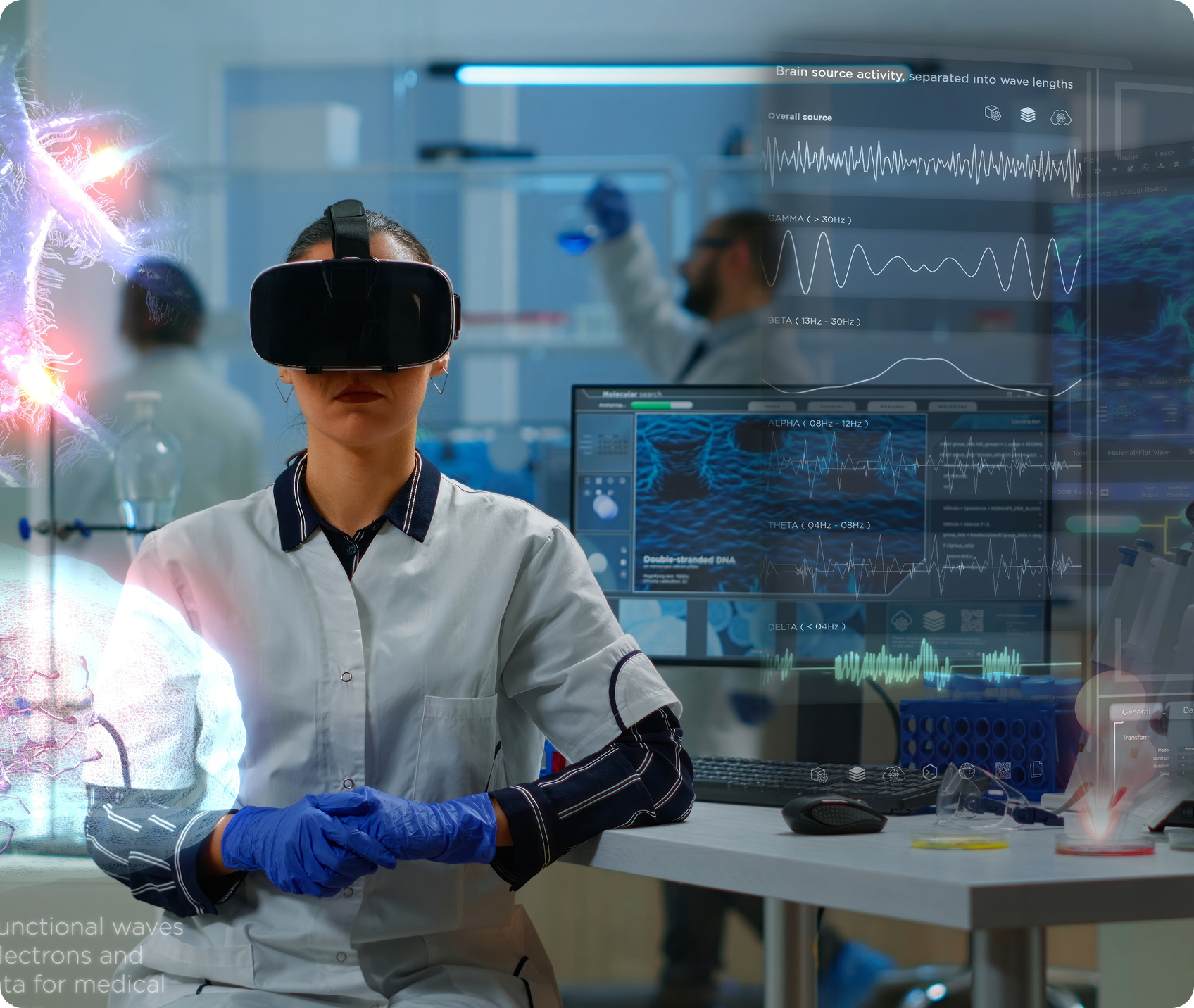 Scientist wearing virtual reality headset and blue gloves in a lab with holographic brain activity data and DNA visuals.
