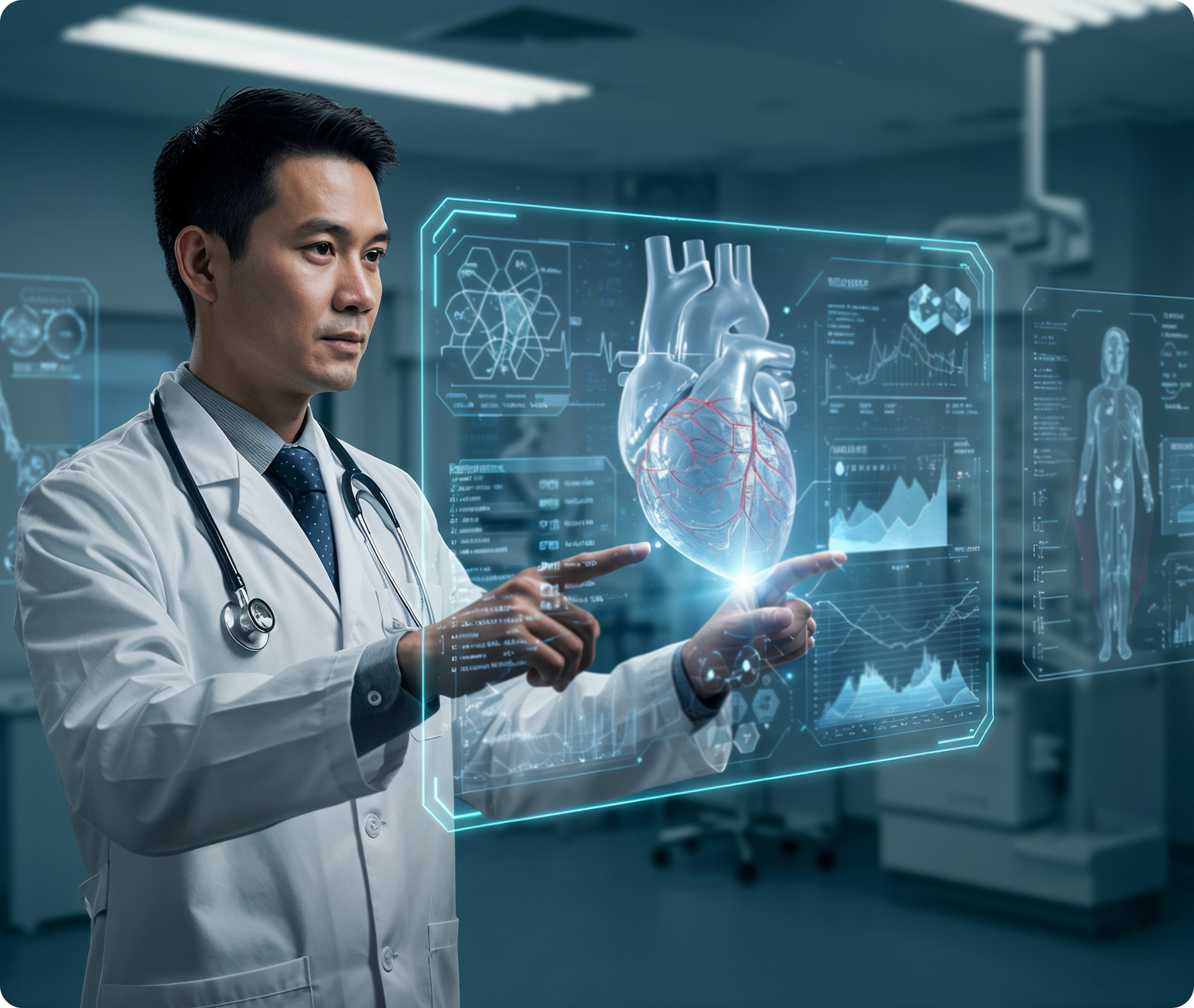 Doctor in a white coat interacting with a futuristic digital display showing a 3D human heart model and medical data charts.