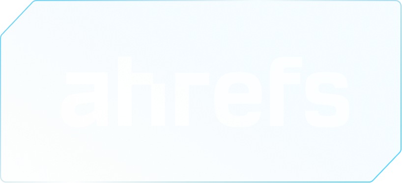 Ahrefs company logo in white text on a blue polygon-shaped background.