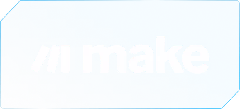 Blue rounded rectangle with the white text 'make' preceded by a stylized triple forward slash symbol.